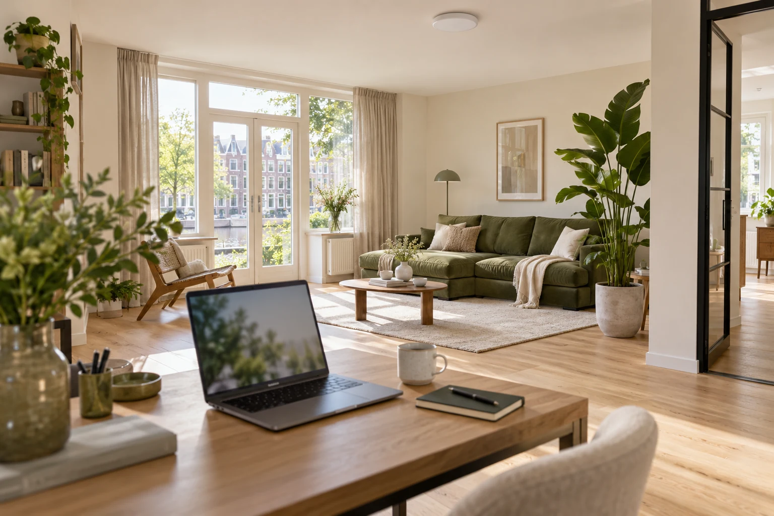 Sfeerbeeld van een lichte woonkamer en thuiswerkplek met een wifi access point
